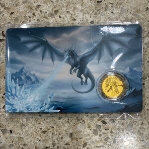 .999 Fine Gold 24kt 14 mm. 1/1000 Blue Ice Dragon Art Card with Gold Dragon Coin
